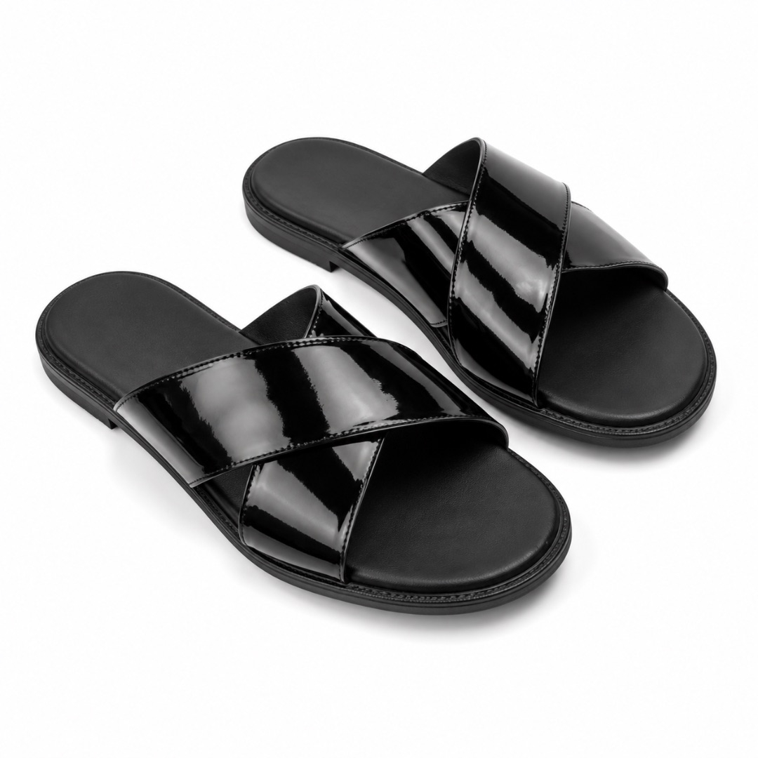 Mens Black Crossover Leather Slide Sandals